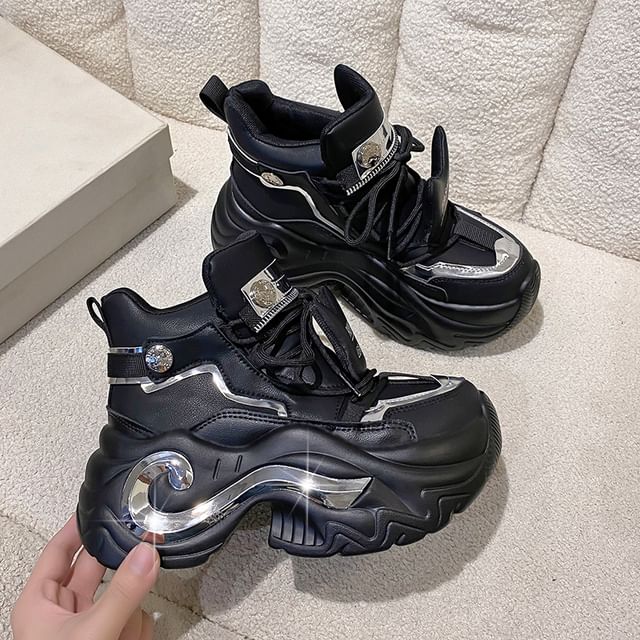 Leather Lace-Up Panel Top Platform Faux Sneakers Metallic High