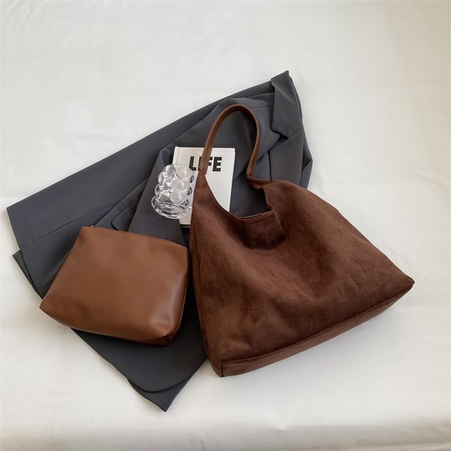 Set: Faux Leather Tote Bag + Pouch