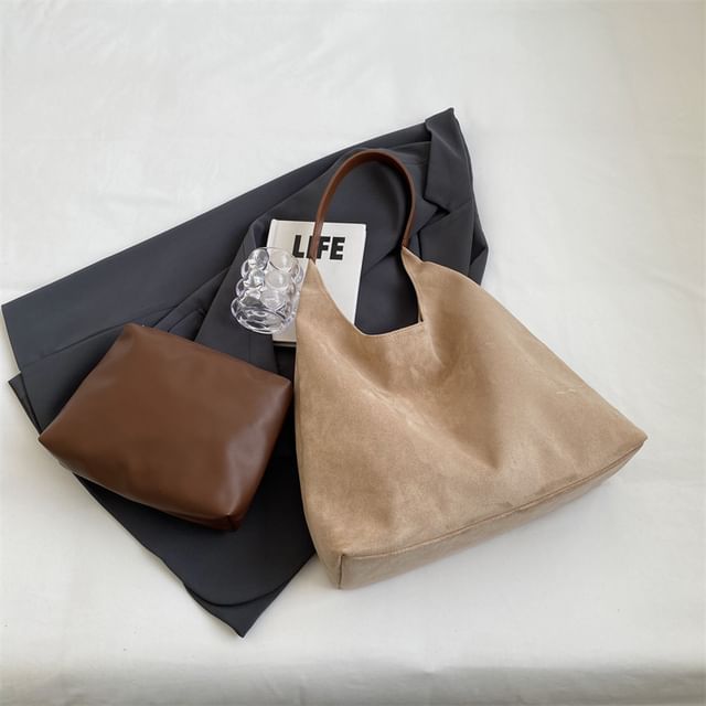 Set: Faux Leather Tote Bag + Pouch