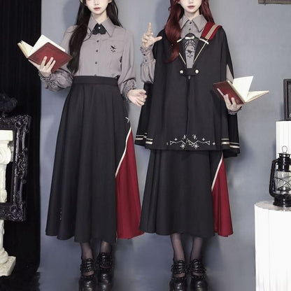 Lolita Long-Sleeve Collared Bird Embroidered Pintuck Shirt / Cape / High Waist Panel Midi A-Line Skirt / Set