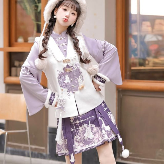 Long-Sleeve Mandarin Collar Lolita Floral Embroidered Fluffy Trim Blouse / V-Neck Rabbit Embroidered Faux Pearl Button Vest / High Waist Print Pleated Mini A-Line Skirt / Charm / Set