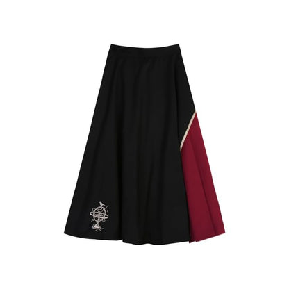 Lolita Long-Sleeve Collared Bird Embroidered Pintuck Shirt / Cape / High Waist Panel Midi A-Line Skirt / Set