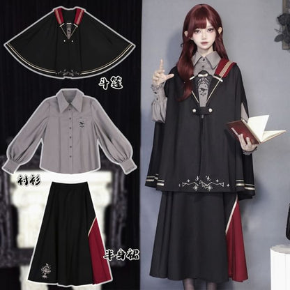 Lolita Long-Sleeve Collared Bird Embroidered Pintuck Shirt / Cape / High Waist Panel Midi A-Line Skirt / Set