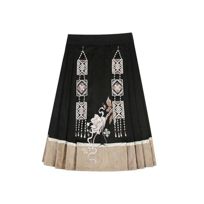 Lolita V-Neck Floral Embroidered Fluffy Trim Frog Closure Vest / High Waist Pleated Midi A-Line Skirt / Faux Pearl Charm / Long-Sleeve Mandarin Collar Blouse / Tassel Crossbody Bag / Set