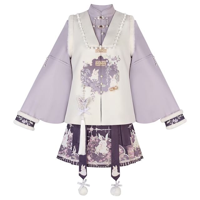 Long-Sleeve Mandarin Collar Lolita Floral Embroidered Fluffy Trim Blouse / V-Neck Rabbit Embroidered Faux Pearl Button Vest / High Waist Print Pleated Mini A-Line Skirt / Charm / Set