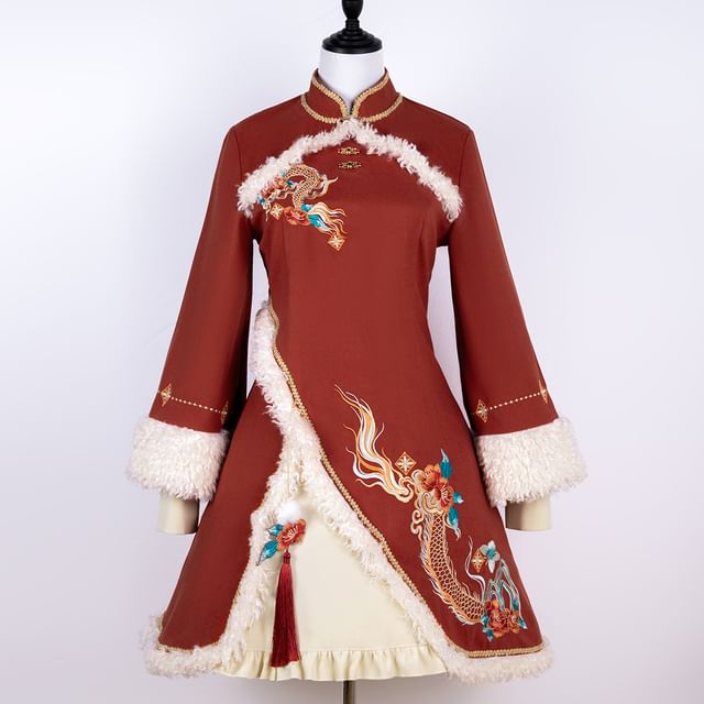 Lolita Long-Sleeve Mandarin Collar Floral Embroidered Ruffle Panel Mini A-Line Dress / Plain Panel Fluffy Cape / Tassel Charm / Set