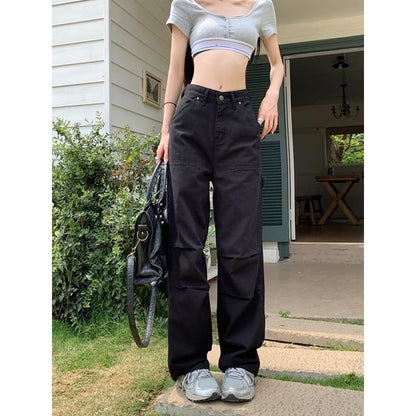 Low Waist Plain Straight-Fit Wide-Leg Cargo Pants