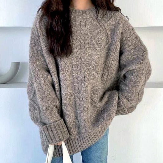 Sweater Crew Neck Plain Cable Long-Sleeve Knit