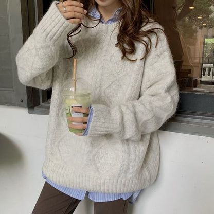 Sweater Crew Neck Plain Cable Long-Sleeve Knit
