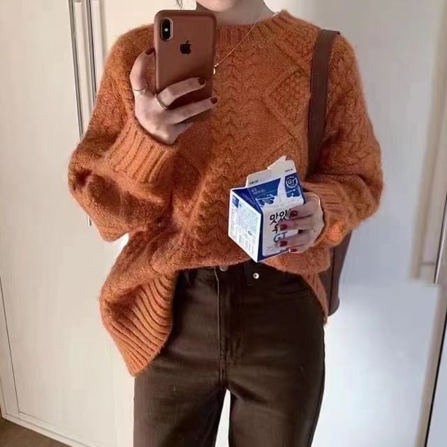 Sweater Crew Neck Plain Cable Long-Sleeve Knit