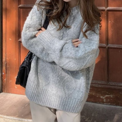 Sweater Crew Neck Plain Cable Long-Sleeve Knit