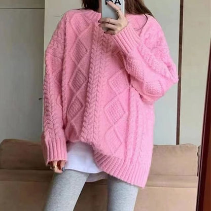 Sweater Crew Neck Plain Cable Long-Sleeve Knit