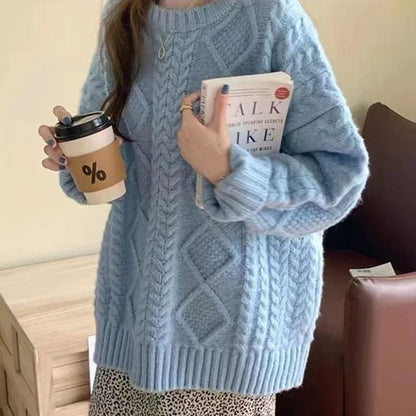 Sweater Crew Neck Plain Cable Long-Sleeve Knit