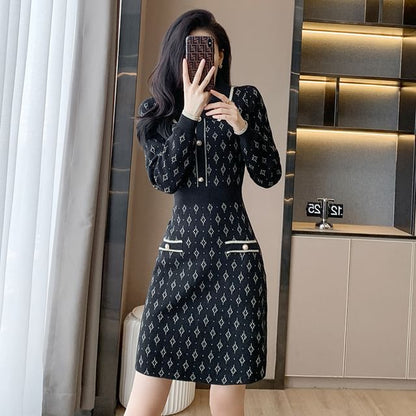 Long-Sleeve Collar Patterned Knit Mini Sheath Dress