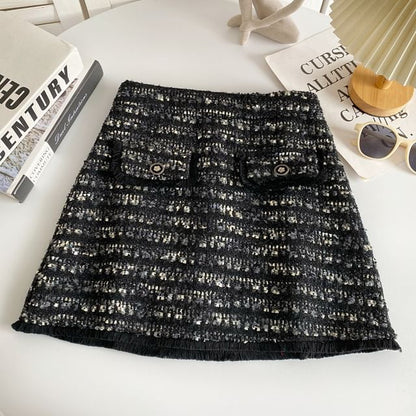 High Waist Tweed Mini A-Line Skirt