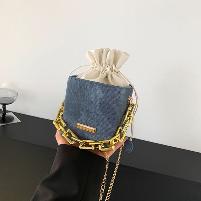 Chain Strap Drawstring Faux Leather Bucket Bag