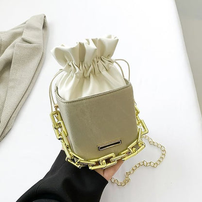 Chain Strap Drawstring Faux Leather Bucket Bag