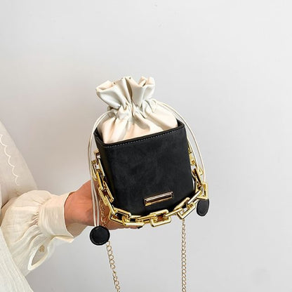 Chain Strap Drawstring Faux Leather Bucket Bag