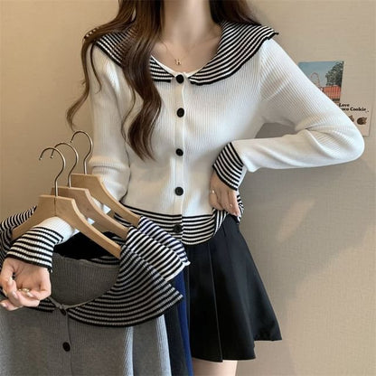 Button Knit Striped Collar Top Panel Ribbed Long-Sleeve