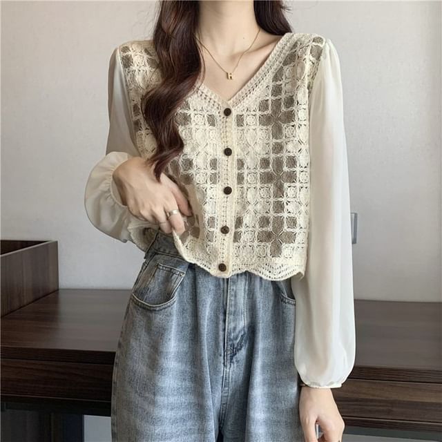 Blouse Knit Panel Crochet Long-Sleeve V-Neck