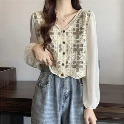 Blouse Knit Panel Crochet Long-Sleeve V-Neck