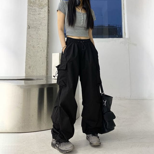 Plain Drawstring Cargo Waist Pants Wide Leg