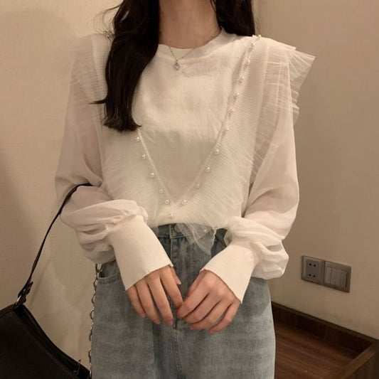 Ruffle Neck Crew Plain Faux Long-Sleeve Pearl Knit Top Trim