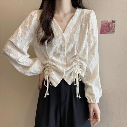 V-Neck Plain Drawstring Long-Sleeve Blouse Eyelet