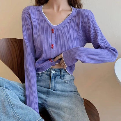 Crop Trim Ribbed Long-Sleeve V-Neck Contrast Knit Button Top