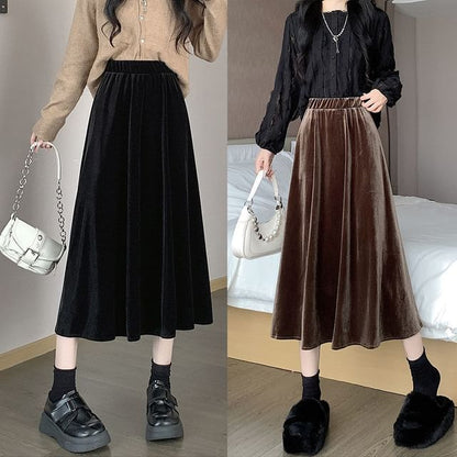 Elastic Plain Midi Velvet A-Line Waist Skirt