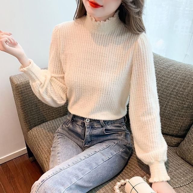 Neck Top Lace Plain Long-Sleeve Mock