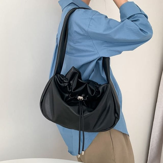 Plain Drawstring Faux Leather Tote Bag