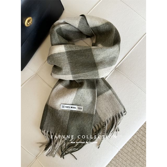 Fringed Wool Applique Lettering Scarf Plaid