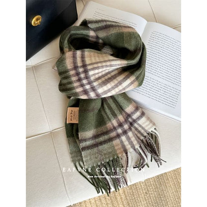 Fringed Wool Applique Lettering Scarf Plaid