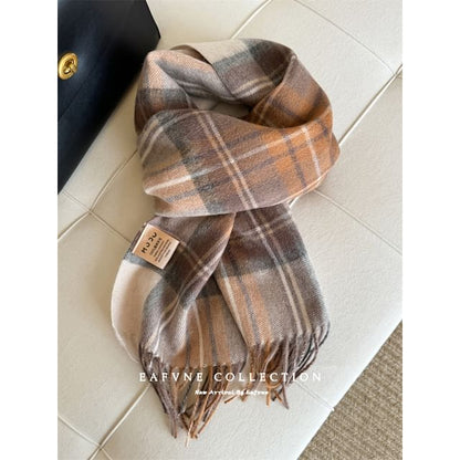 Fringed Wool Applique Lettering Scarf Plaid