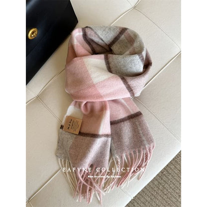 Fringed Wool Applique Lettering Scarf Plaid