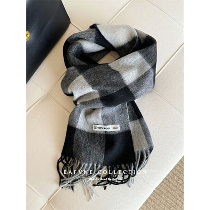 Fringed Wool Applique Lettering Scarf Plaid