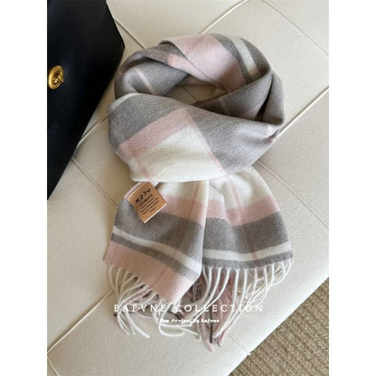 Fringed Wool Applique Lettering Scarf Plaid