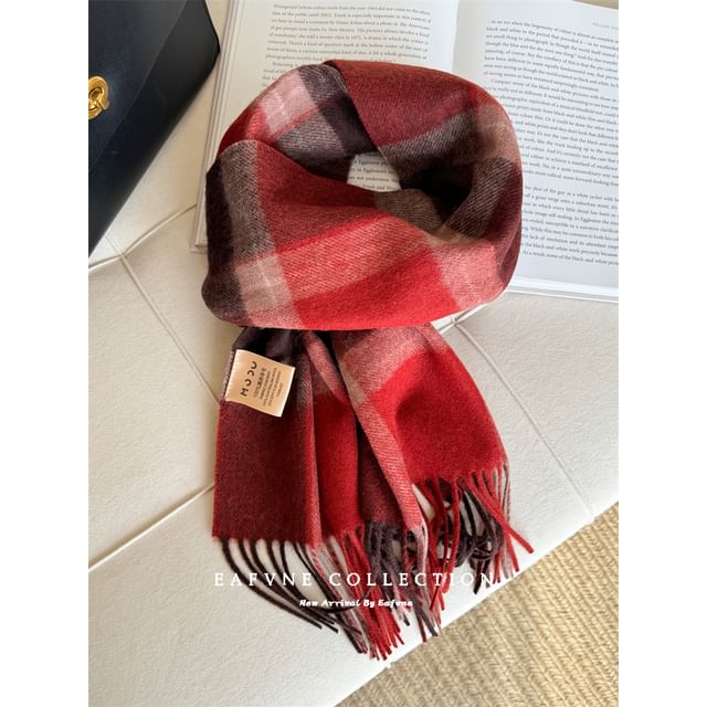 Fringed Wool Applique Lettering Scarf Plaid