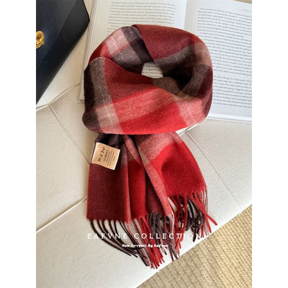Fringed Wool Applique Lettering Scarf Plaid