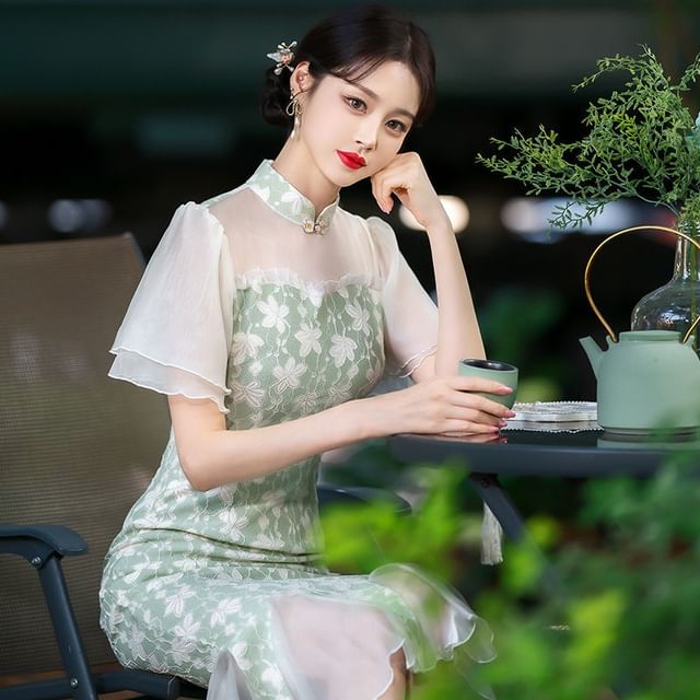 Short-Sleeve Floral Panel Midi Mermaid Qipao