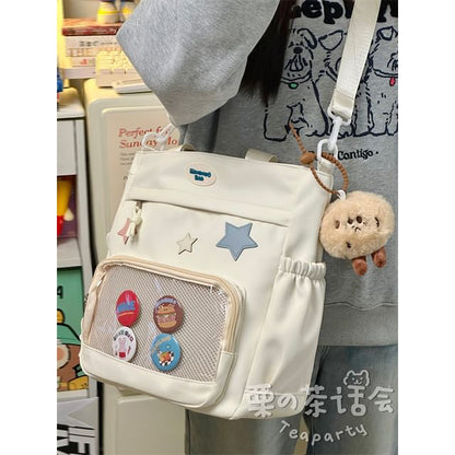 Star Applique Mesh Panel Multi-Pocket Tote Bag / Coin Purse / Bag Charm / Set