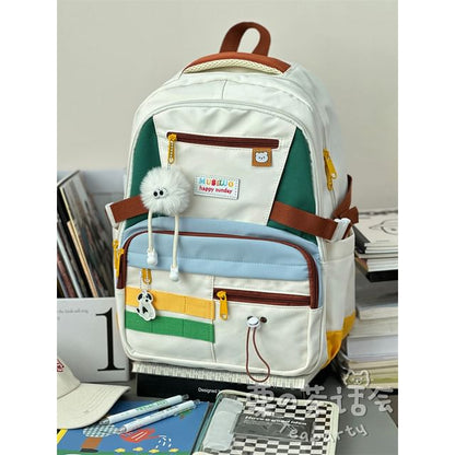 Color Block Multi-Pocket Backpack / Coin Purse / Bag Charm / Set