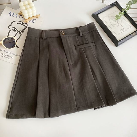 High Waist Plain Pleated Mini A-Line Skirt