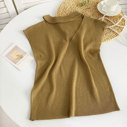 Sleeveless Mock Neck Plain Cutout Ribbed Knit Top