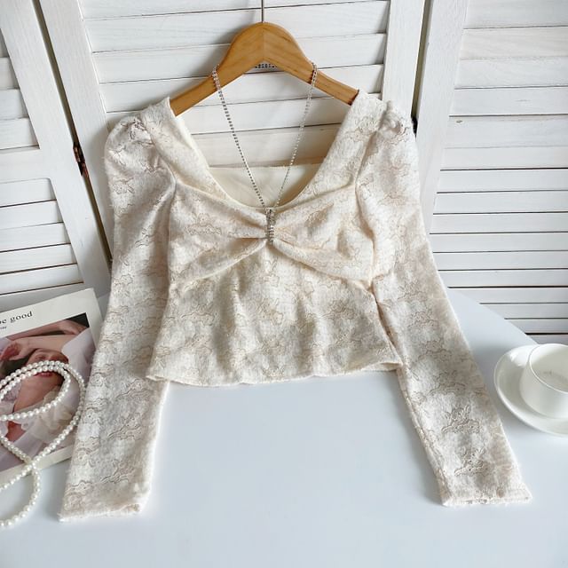 Long-Sleeve V-Neck Bow Lace Top