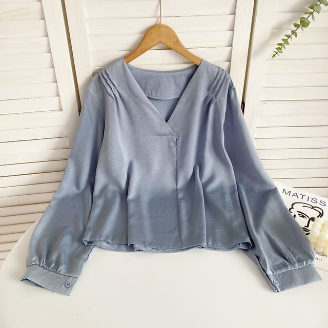 Long-Sleeve V-Neck Plain Pintuck Blouse