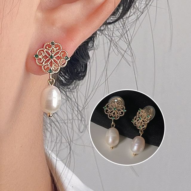 Drop Rhinestone Clip-On Floral Faux Pearl Earring