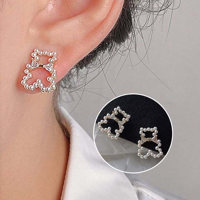 Earring Pearl Rhinestone Bear Clip-On Faux