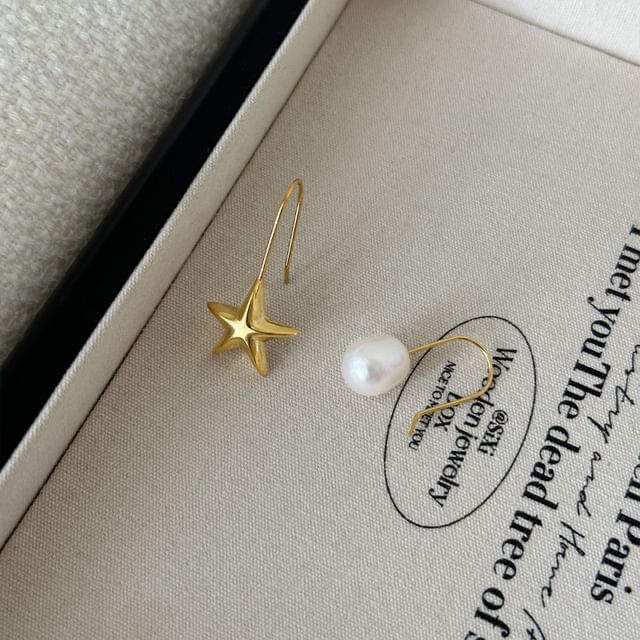 Star Faux Pearl Asymmetrical Alloy Drop Earring